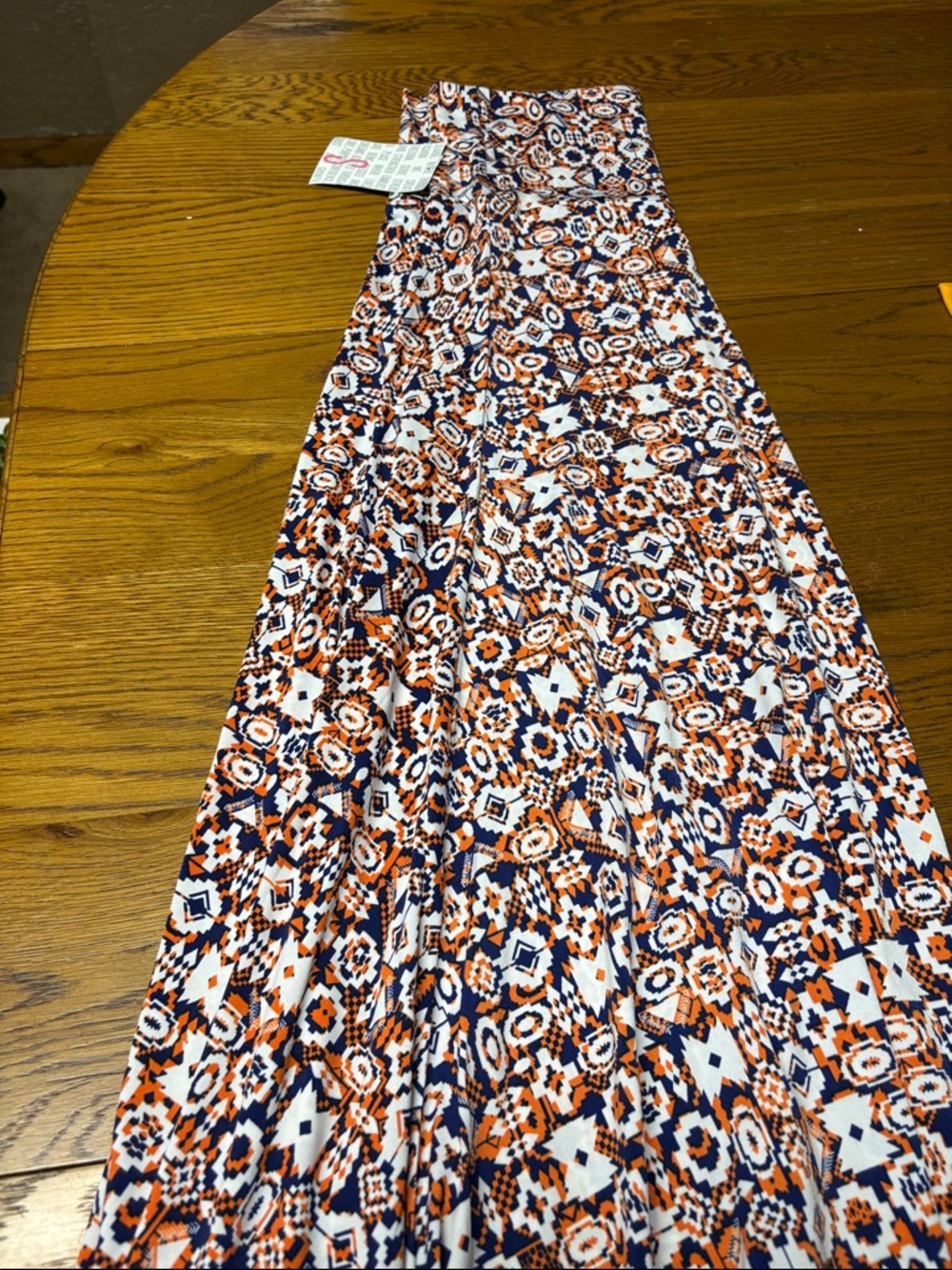 LuLaRoe Maxi Skirt in Navy, Orange, and White Geometric Print